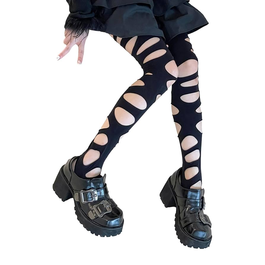 Amazon.co.jp: HEMLBOYWダメージ加工網タイツレギンス、女性用